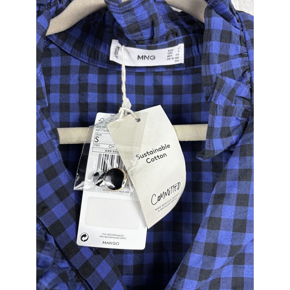 Mango MNG Gingham Shirt L Blue Black Cotton Preppy Button Up NWT Classic - Picture 6 of 7